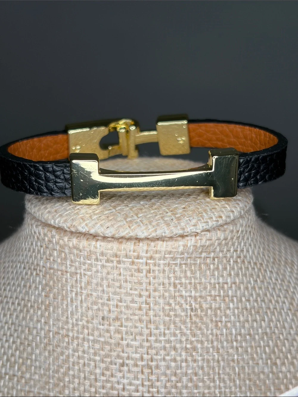 Black Leather Bracelet with Gold H Accent